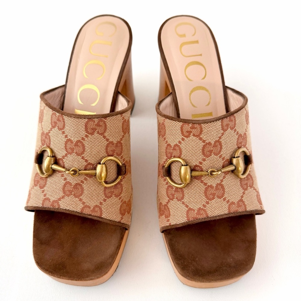GUCCI || GG Canvas Horsebit Platform Mule Sandals EU 38 Brown Wood Heel - Picture 2 of 12